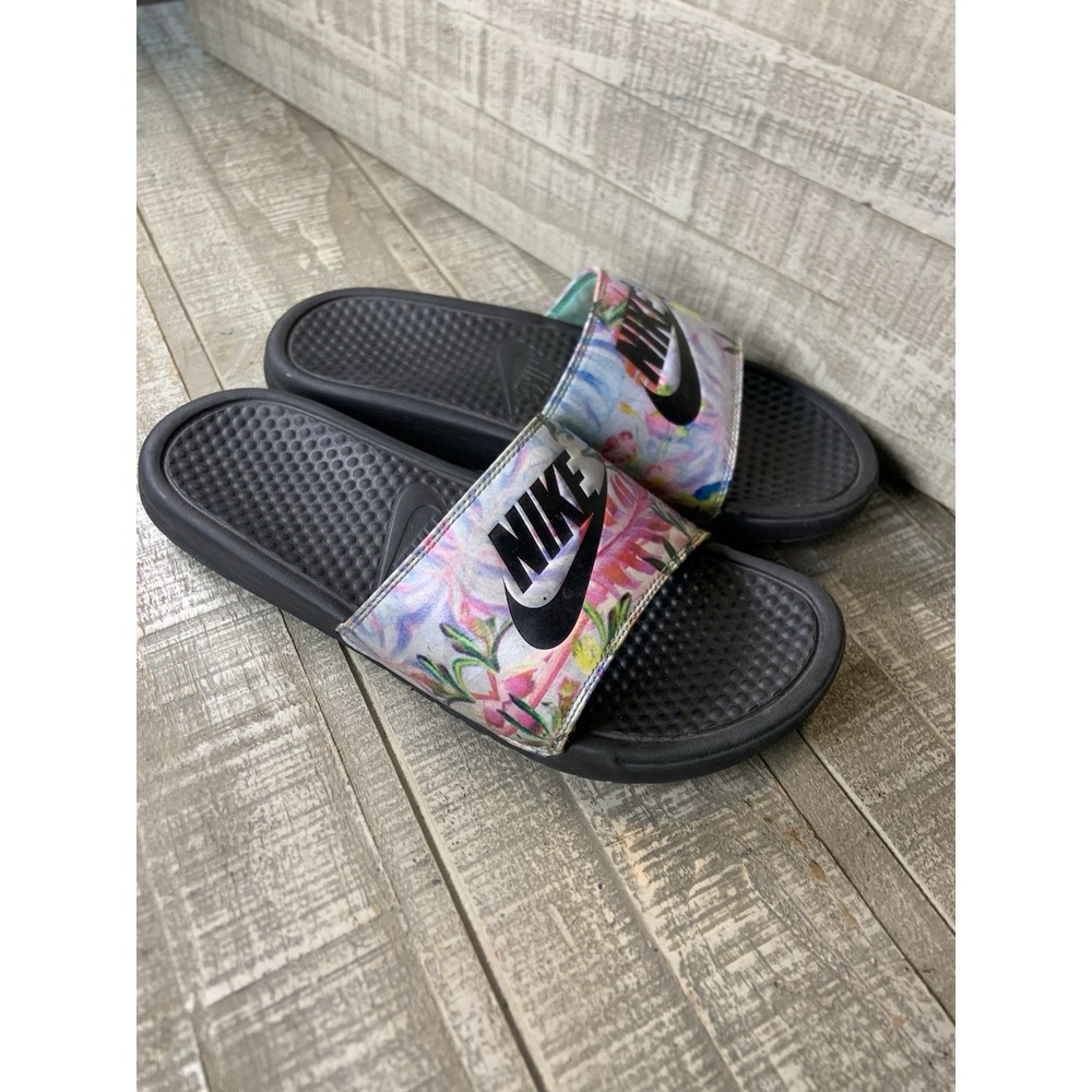 Nike Benassi JDI Floral Print Slide Sandals Multi Color Womens 11 Pink Black